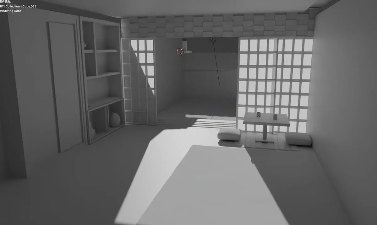 练习 · 日式室内白模（Blender 视口）